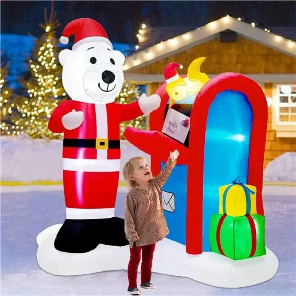 6FT Christmas Inflatable Decor, Lighted Polar Bear Mailing Letter to Santa Scene